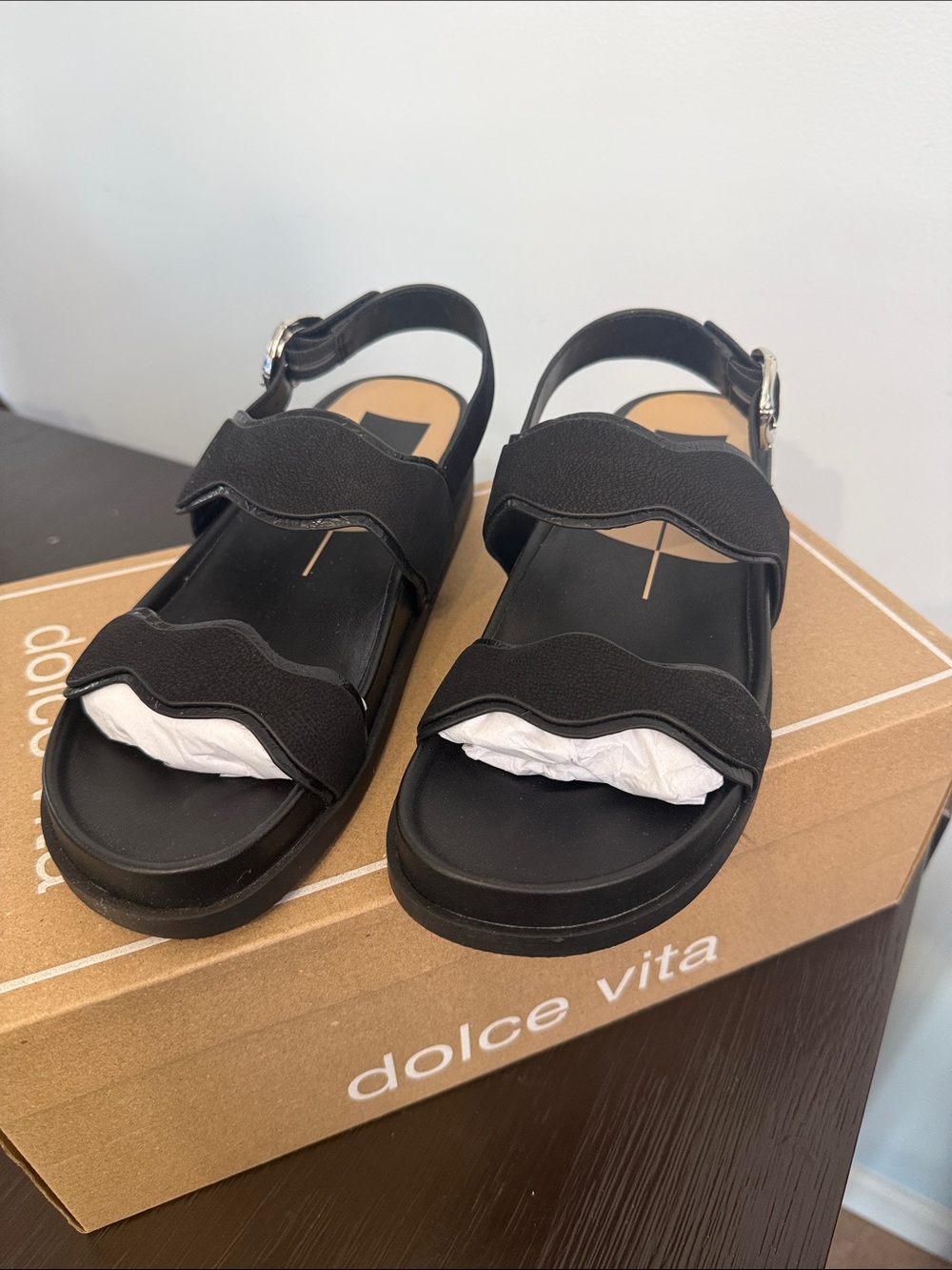 NEW Dolce Vita Black Wavy Double-Strap Slingback Sandals